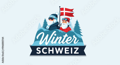 Two figures in winter gear under a flag and pine trees, with "Winter Schweiz" below