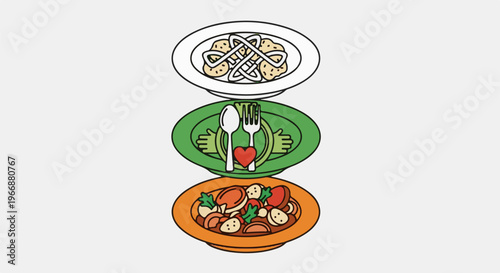 Stacked plates of food with cutlery and heart icon