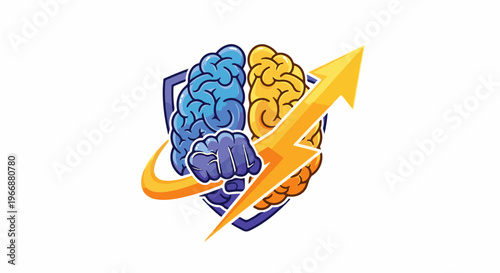 Stylized brain split into blue and yellow halves, with a fist punching