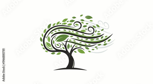 Stylized tree with wind-swept leaves in green and black hues