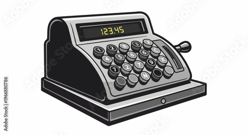 Vintage cash register with numeric keypad and display showing 123.45