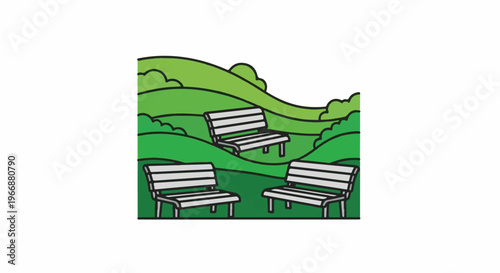 Three empty benches in a green, rolling landscape