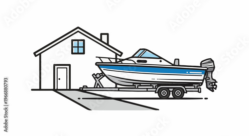 A boat on a trailer parked in front of a house
