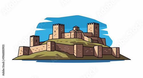 Stylized illustration of a fortified castle on a green hill under a blue sky