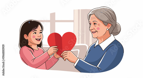 Young girl gives a red heart to her smiling grandmother