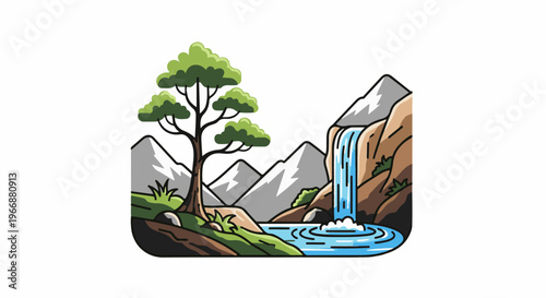 Stylized mountain landscape with a waterfall cascading into a serene pool