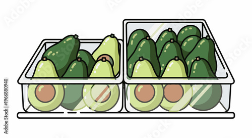 Two clear containers filled with whole and halved avocados