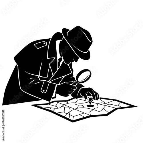 Silhouette of a Detective Examining a Map with Magnifying Glass.