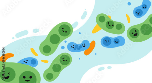 Cute Cartoon Bacteria and Microbes with Happy Faces Floating in Water