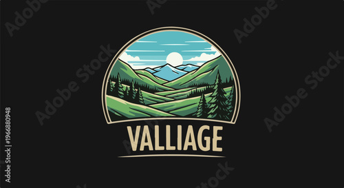 Stylized mountain valley landscape with sun and trees beneath text
