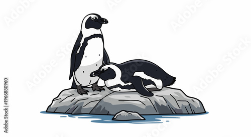 Two penguins rest on a rocky shore with water