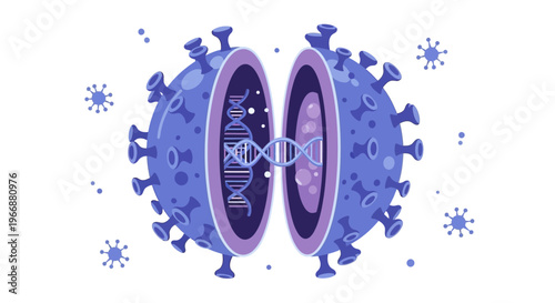 Detailed illustration of a virus with DNA structure inside, symbolizing genetic mutation and disease.