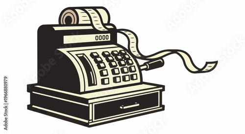 Vintage cash register with roll of receipt tape and drawer