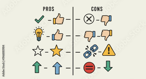Visual comparison of pros and cons with various icons