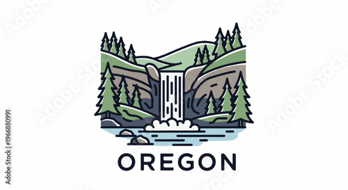 Stylized waterfall cascading into a river surrounded by pine trees and hills