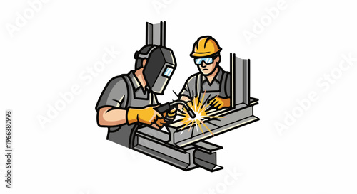 Two workers in protective gear weld metal beams, creating sparks and intense light