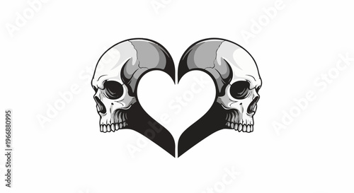 Two skulls form a heart shape with intricate details on white background