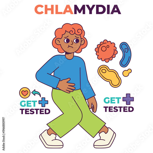 Character experiencing Chlamydia disease symptoms, highlighting the importance of medical health testing and healthcare awareness