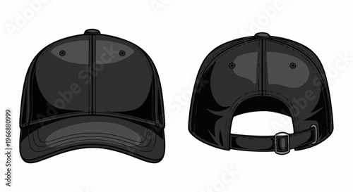 Two views of a plain black baseball cap with adjustable buckle