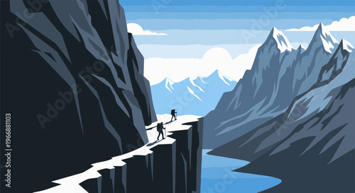 Two hikers traverse a narrow, snowy mountain ledge beside a deep blue river