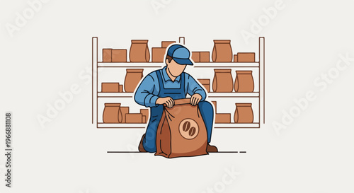 Worker in blue overalls and cap kneels, handling a large sack of coffee beans