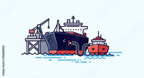 Two ships docked, one with a crane, appear to be in the process of transferring cargo