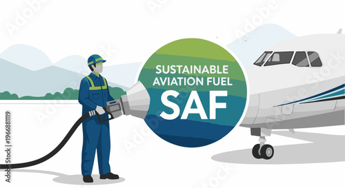 Worker fuels airplane with sustainable aviation fuel