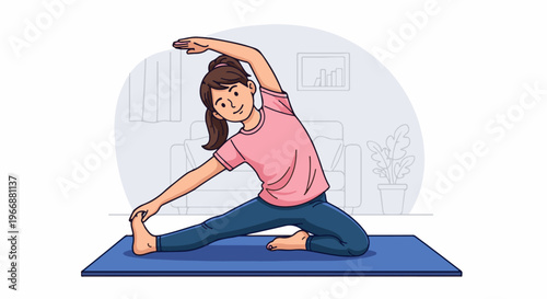 Young girl stretching on a yoga mat indoors