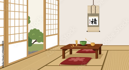 Traditional Japanese Tea Room with Tatami Mats and Matcha Set