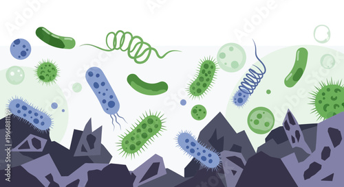 Microscopic Bacteria and Viruses Floating Above Dark Jagged Rocks