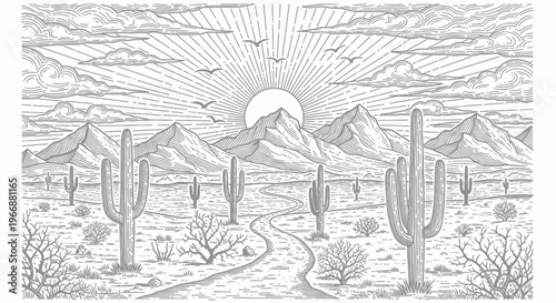 Desert Landscape with Saguaros, Mountains, and Sunrise - Vintage Line Art