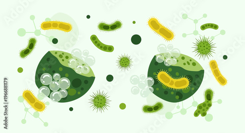 Microscopic Bacteria and Viruses in a Petri Dish with Bubbles, Scientific Illustration