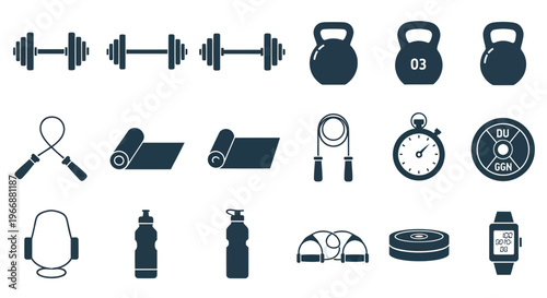 Fitness Equipment Icons: Dumbbells, Kettlebells, Yoga Mat, Jump Rope, Stopwatch, Smartwatch