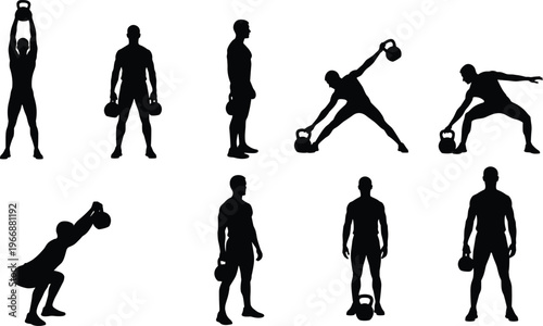 Black silhouettes of a man performing kettlebell exercises including swings squats lunges and overhead lifts isolated on white background for gym fitness design