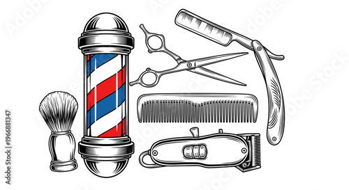 Vintage Barber Tools: Pole, Razor, Scissors, Comb, Brush, Clipper - Hand-Drawn Style