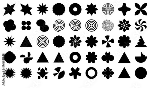 Abstract brutalist shapes Bauhaus Memphis style geometric elements dynamic composition vector isolated on white