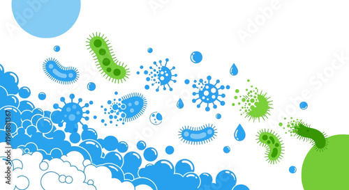 Microscopic organisms and germs being washed away by soap bubbles and water