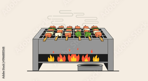 Vector Illustration of Yakitori Skewers Grilling on a Charcoal BBQ Grill