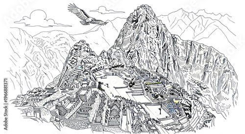 Majestic Machu Picchu ancient Inca citadel nestled in Andes mountains with condor flying