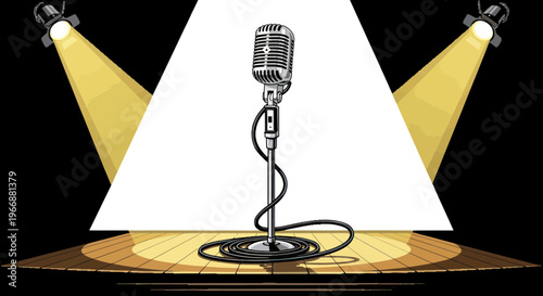 Vintage microphone on stage under spotlights, retro performance, spotlight announcement