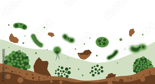 Microscopic organisms and soil particles in a cross-section of earth, illustrating microbiology and earth science.