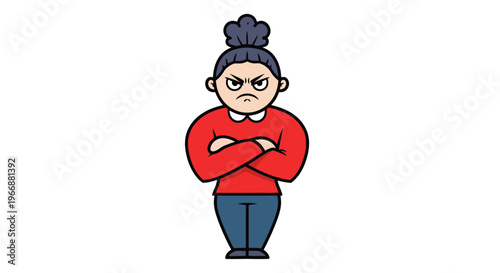 Angry Woman Cartoon Character with Crossed Arms, Frustrated Expression
