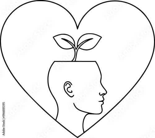Human head silhouette with growing plant inside heart outline symbol of growth and well being