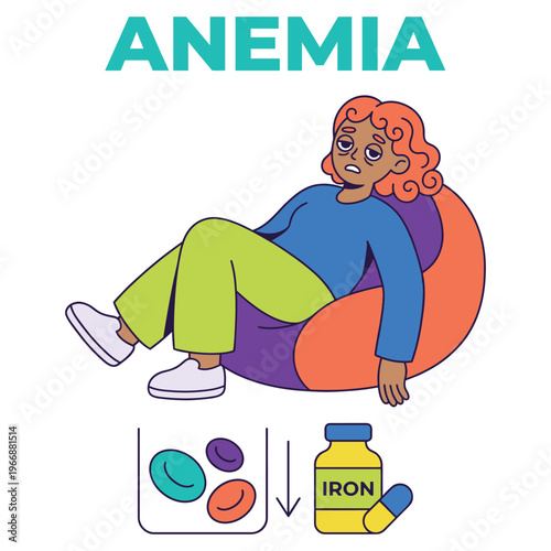 Medical Healthcare Illustration of Anemia Disease Symptoms Character Experiencing Fatigue and Iron Deficiency