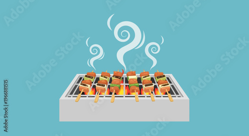 Vector Illustration of Appetizing Barbecue Skewers Grilling on a Hot Grill