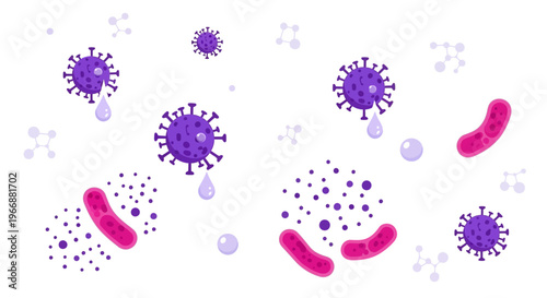 Microscopic view of purple viruses and pink rod-shaped bacteria, scientific illustration