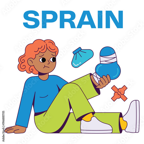Detailed illustration showing a character experiencing a painful sprain, applying ice treatment for effective medical relief and recovery