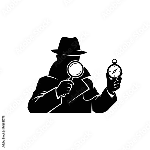 Silhouette of a Detective Holding Magnifying Glass and Compass.