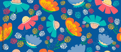A seamless floral pattern featuring colorful abstract flowers on a blue background. A decorative botanical illustration for textiles, wallpaper, wrapping paper, and digital printing concepts.