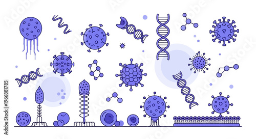 Microscopic Viruses, Bacteria, DNA, and Molecules: Scientific Illustration